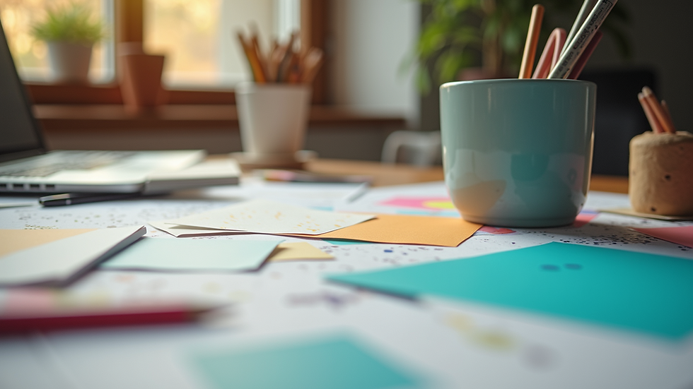 Close-up view of a creative workspace with colorful design elements
