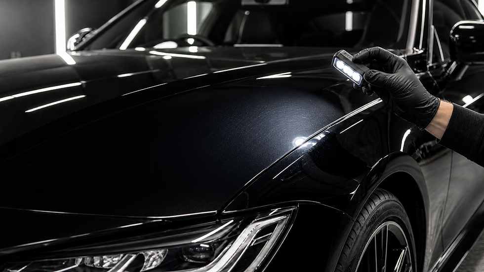 A detailer using an inspection light to reveal fine swirl marks on a new black car