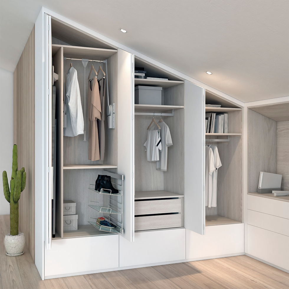 Armario blanco abierto con ropa colgada, cajas y zapatos. Piso de madera clara, fondo minimalista. Cactus verde en maceta blanca al lado.