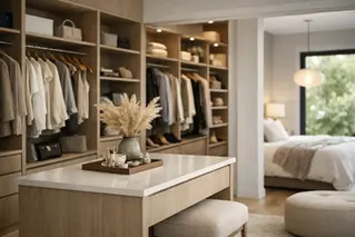Vestidor abierto con dormitorio de fondo. Tonos neutros