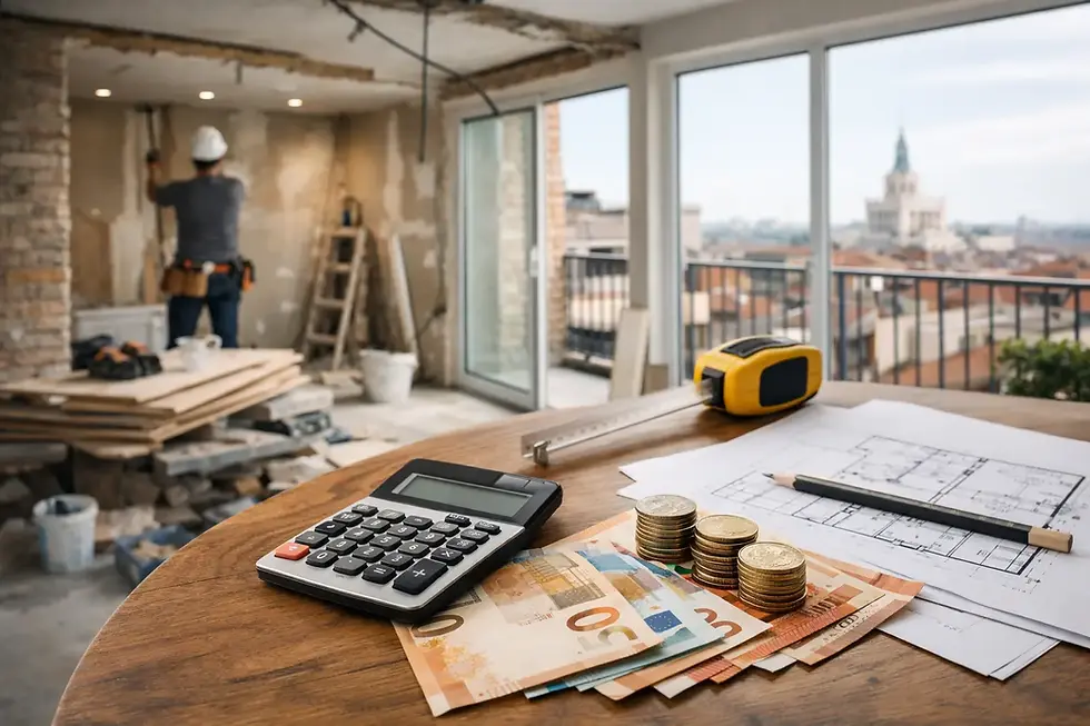 Renovación de interior con trabajador de casco al fondo. En primer plano, calculadora, planos, metros, monedas y billetes sobre mesa.