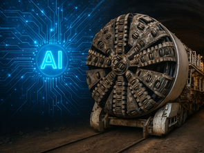 Máquina tuneladora (TBM) avanzando dentro de un túnel, rodeada de visuales digitales que representan inteligencia artificial aplicada a la tunelación