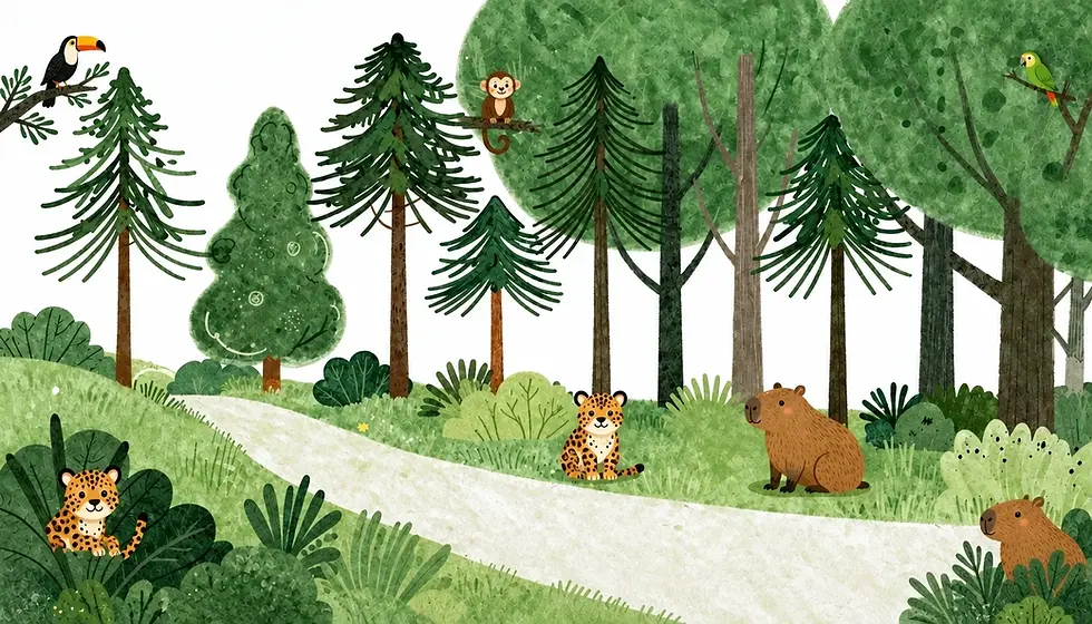 Digital illustration of a whimsical forest scene featuring a small leopard, a capybara, and a monkey hanging from a tree. The style is playful and friendly with a soft, hand-drawn texture.