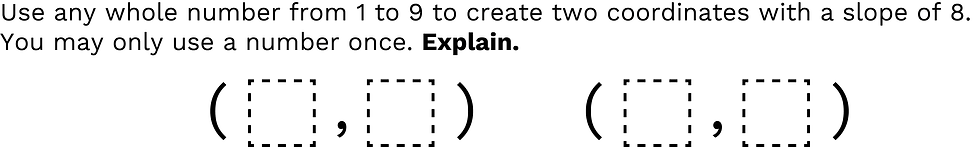 Text asks to create two coordinates using numbers 1-9 with a slope of 8, each number used once. "Explain" is emphasized.
