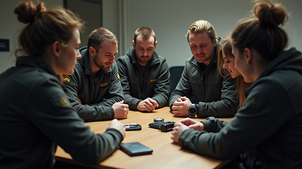 High angle view of a group gathered around a table with tactical gear and watches