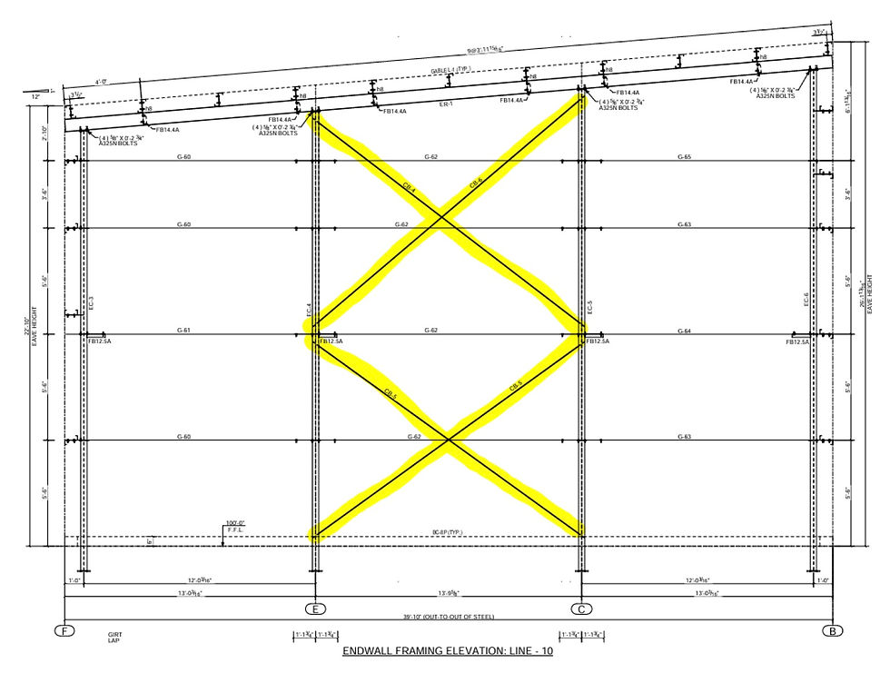 Structural framing elevation drawing showing traditional steel x-bracing spanning between vertical columns.
