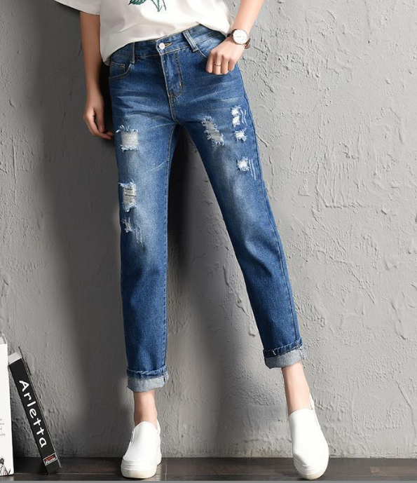 Thumbnail: Mid Waist Boyfriend Big Ripped Hole Jeans Casual High