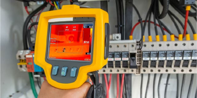 An infrared thermography gun pointed towards an electrical panel