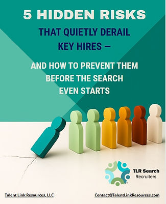 Cover of the TLR Search hiring guide, ‘5 Hidden Risks That Quietly Derail Key Hires,’ featuring toppled and upright figures—created for hiring managers in the energy and chemical industries