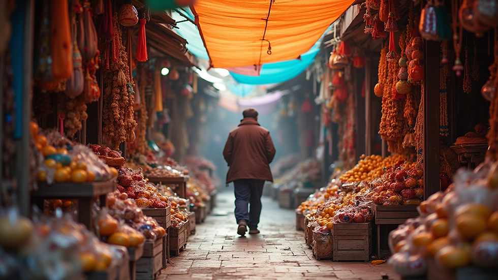 Eye-level view of a vibrant market filled with colorful local crafts