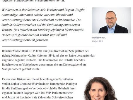 Ein Rauchverbot (Zigarettenstummel-Vorstoss von Esther Granitzer) auf St.Gallen's Spielplätzen wurde abgelehnt - Stadtparlament vom 21. Mai 2024.