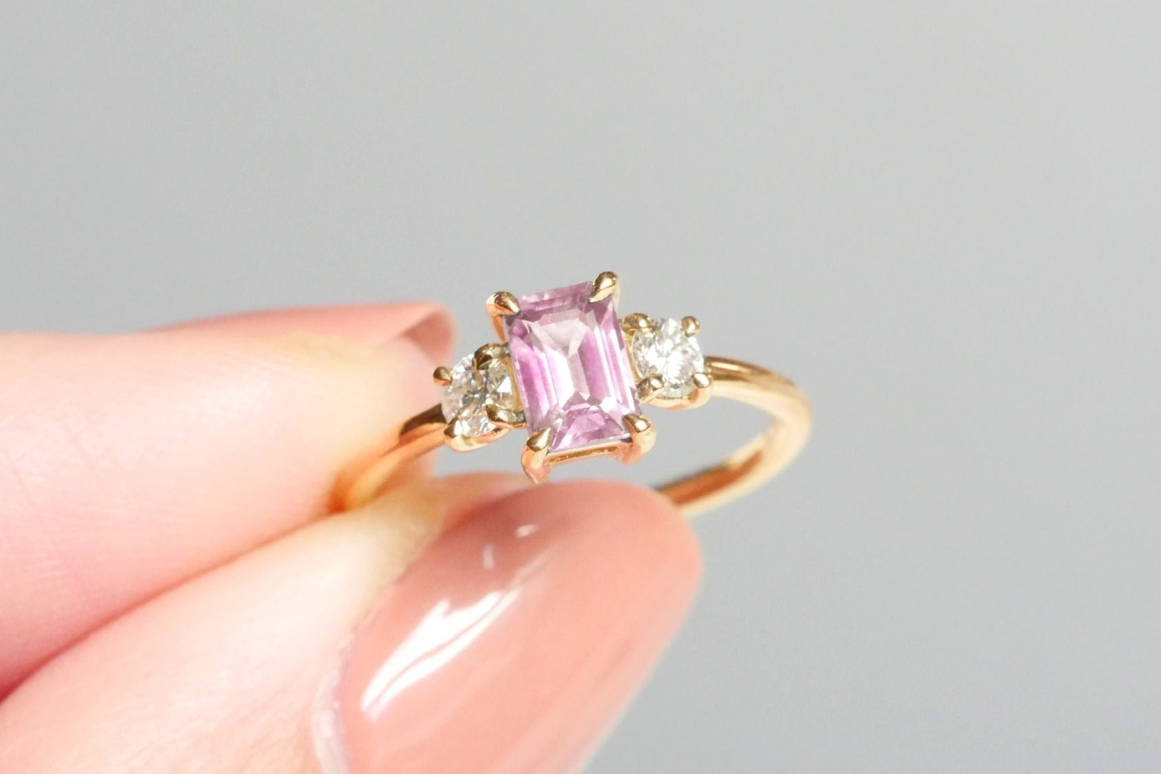 Emerald cut Pink Sapphire and Diamond ring