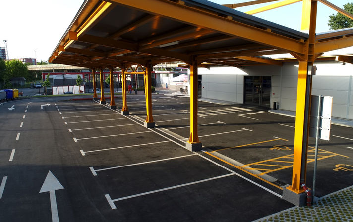 Hardware store, parking lot, drone view, view from southwest side ,  modern design