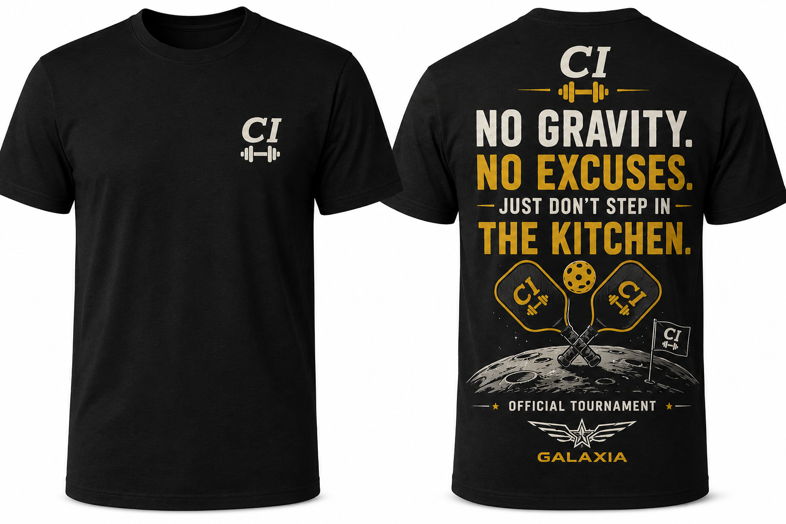 Galaxia pickleball tournament black T-shirt concept with CI chest logo and gold tournament back graphic