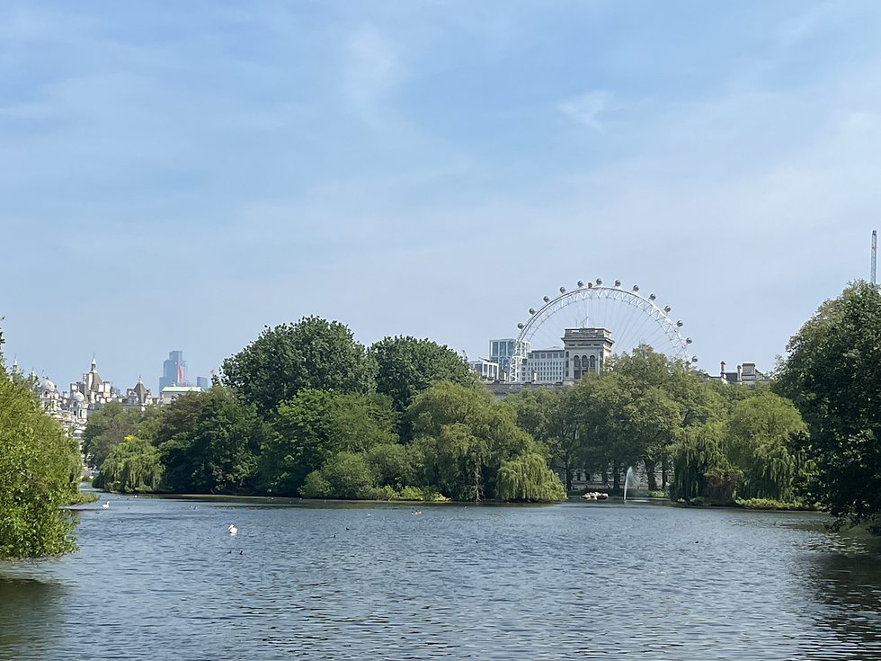 view across pond to London eye and city skyline