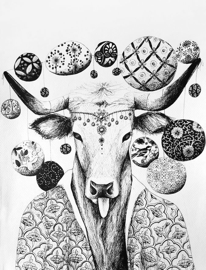 Kali, dessin encre, hybride homme/vache.