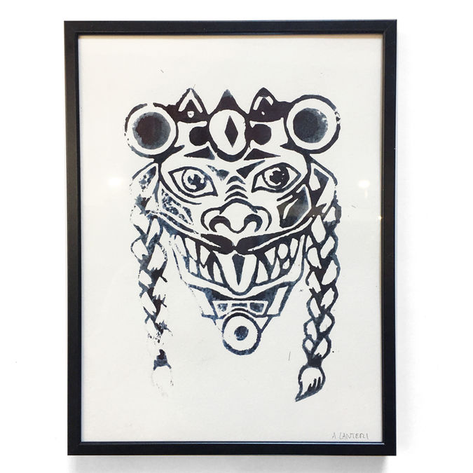 Tiger Love Spirit est une linogravure sur papier représentant le portrait de l'esprit du tigre amoureux.