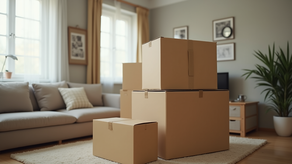 Close-up view of packed moving boxes stacked in a living room