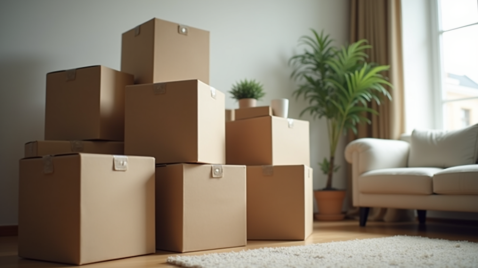 Close-up view of packed moving boxes stacked in a living room