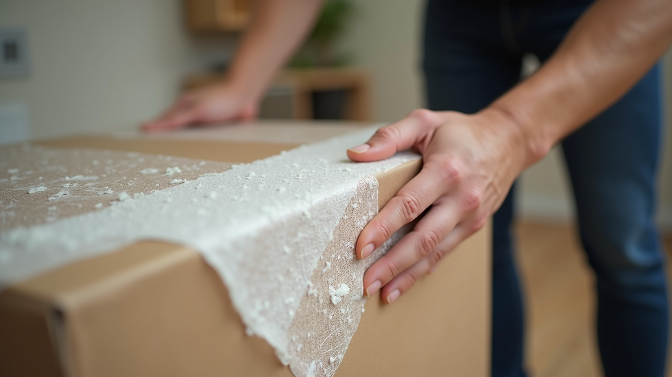 Close-up view of a moving professional wrapping furniture with protective padding