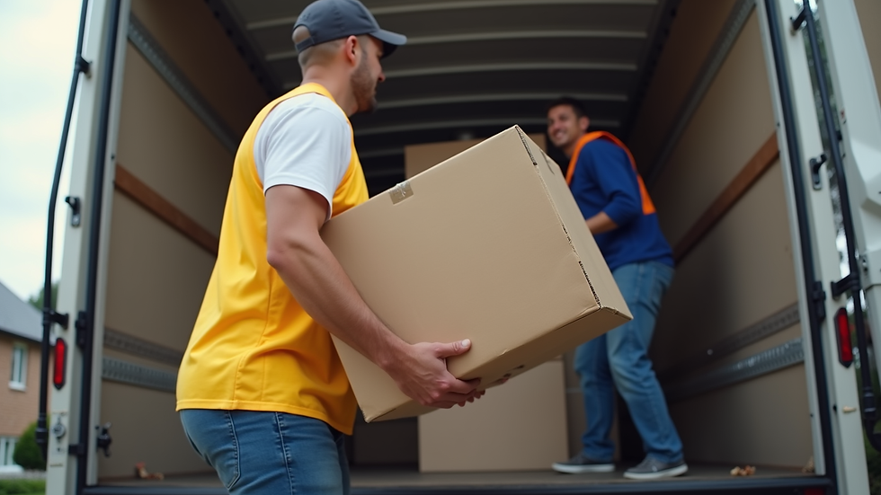 Close-up view of a mover carrying a large box into a moving truck
