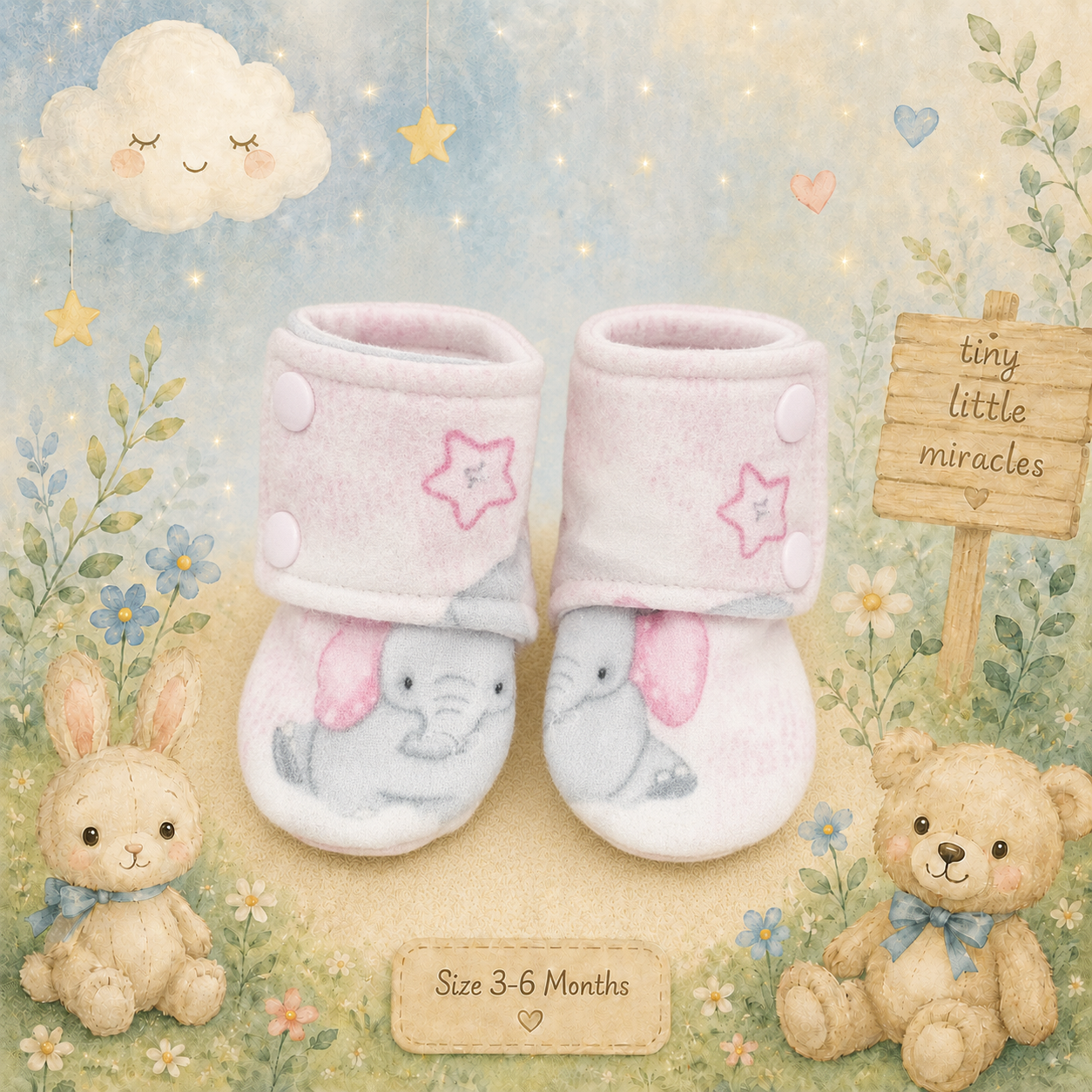 Handmade Pink Elephant Stay On Baby Booties Size 3-6 months