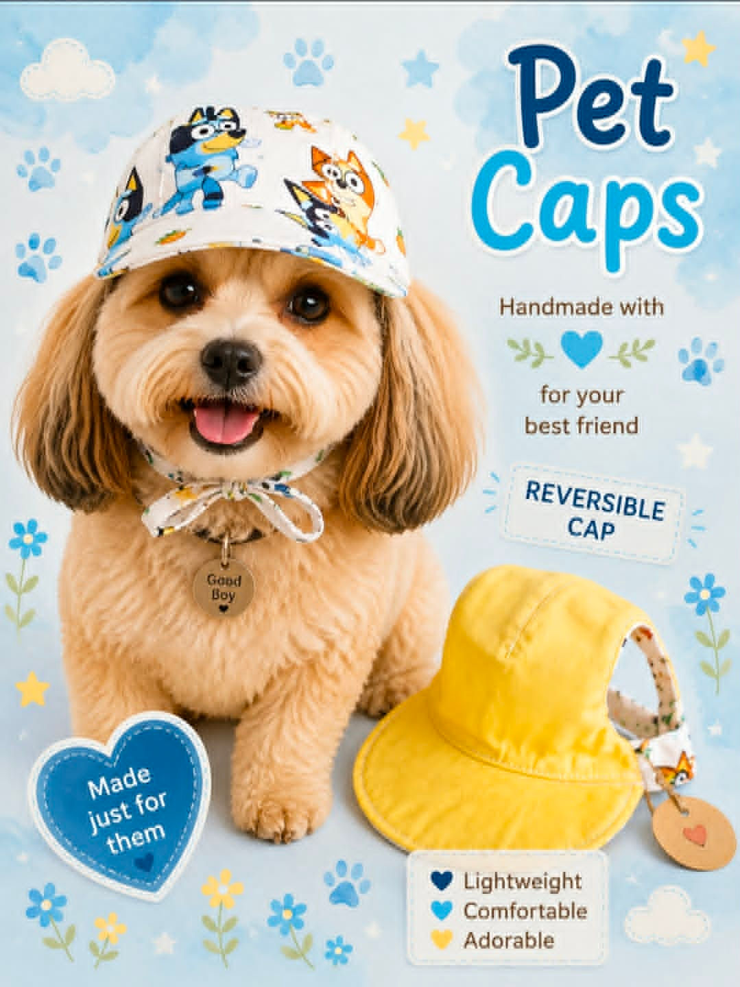 Handmade Yellow Bluey Reversible Pet Cap