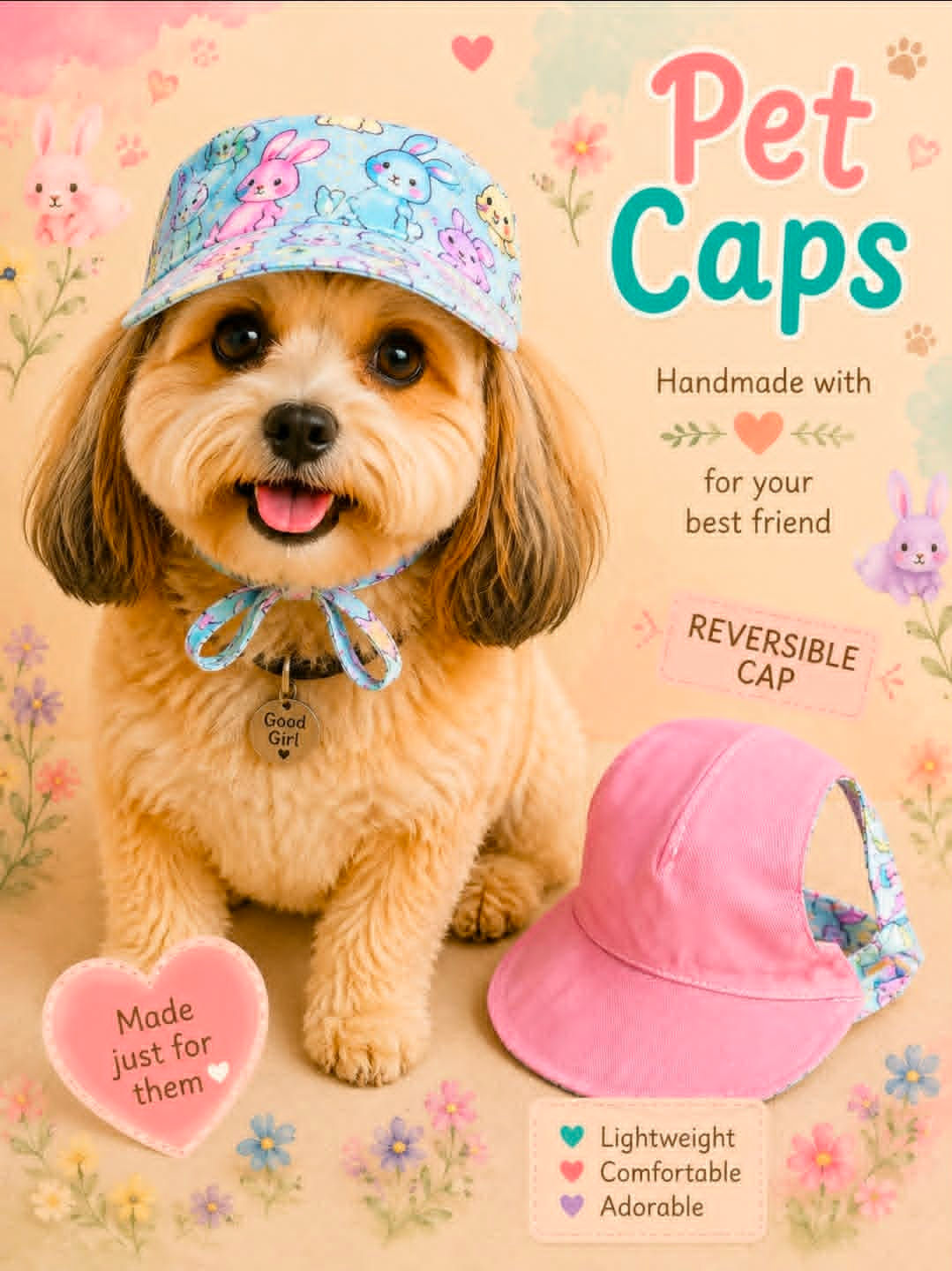 Handmade Soft Pink Bunny Reversible Pet Cap