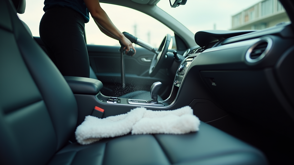 Eye-level view of a car interior being vacuumed and cleaned