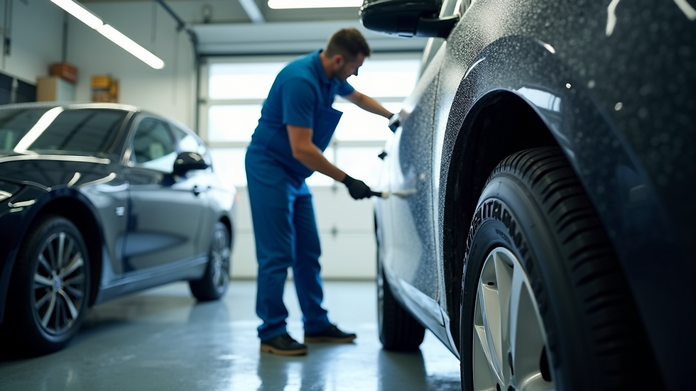 Eye-level view of a mobile car detailing service in action