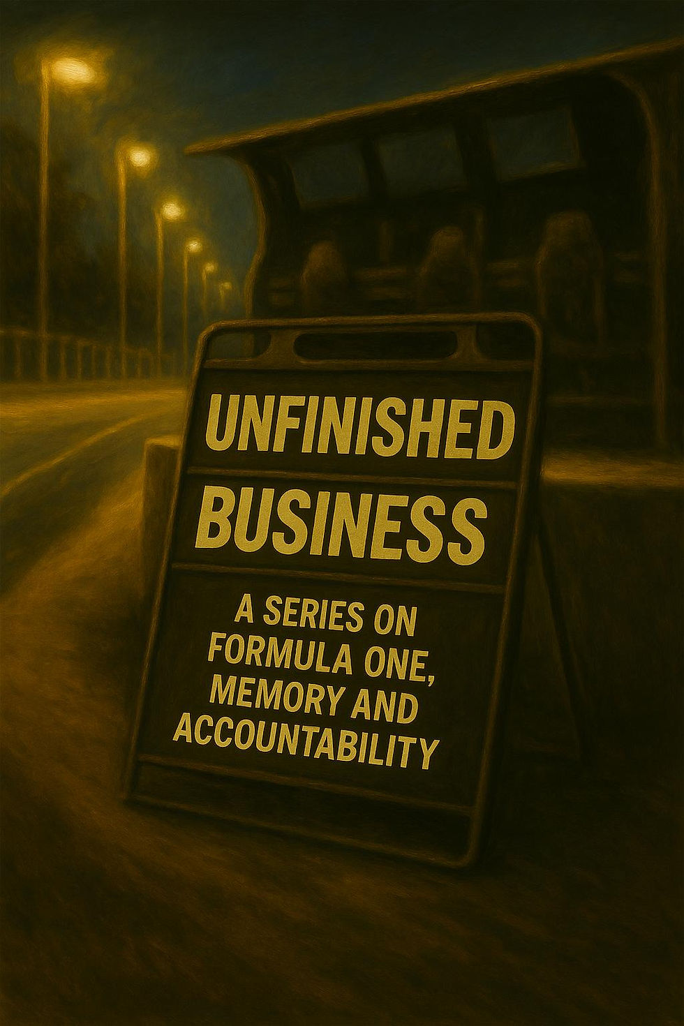 Noticeboard poster titled Unfinished Business A series on Formula One, memory and accountability, featured in Drivers Edge 20/20 Resilience blog and Formula 1 leadership and resilience.