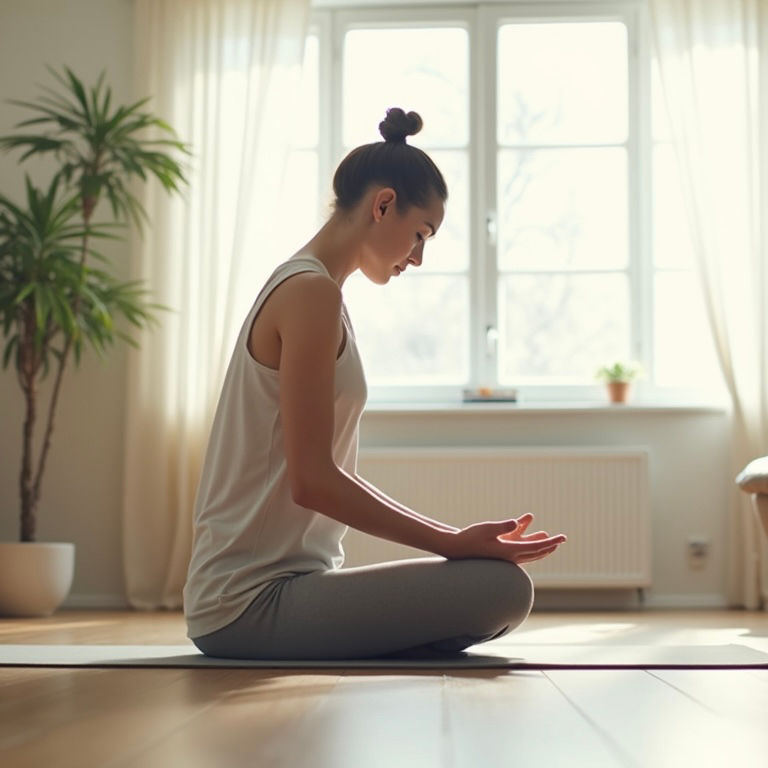 Eye-level view of a woman doing gentle yoga in a bright living room