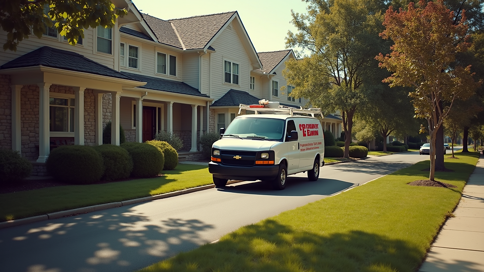 High angle view of plumber van parked outside a residential home