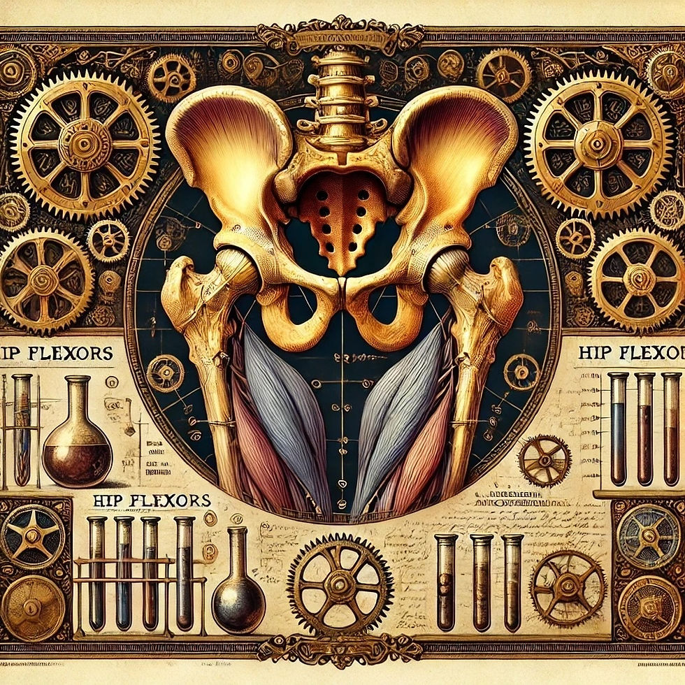 Steampunk-style anatomical illustration of the hip flexors, showing the pelvis and femurs surrounded by gears, test tubes, and vintage schematics—highlighting the mechanical and muscular role of the hips in freediving finning technique and flexibility training.
