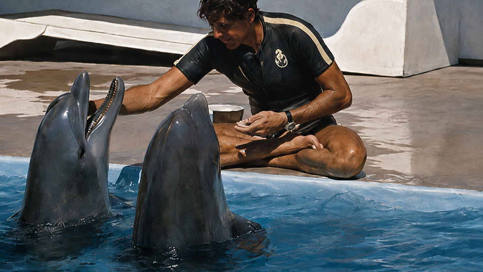 Trainer in black wetsuit sits poolside feeding two dolphins with open mouths in a sunny blue marine show setting.