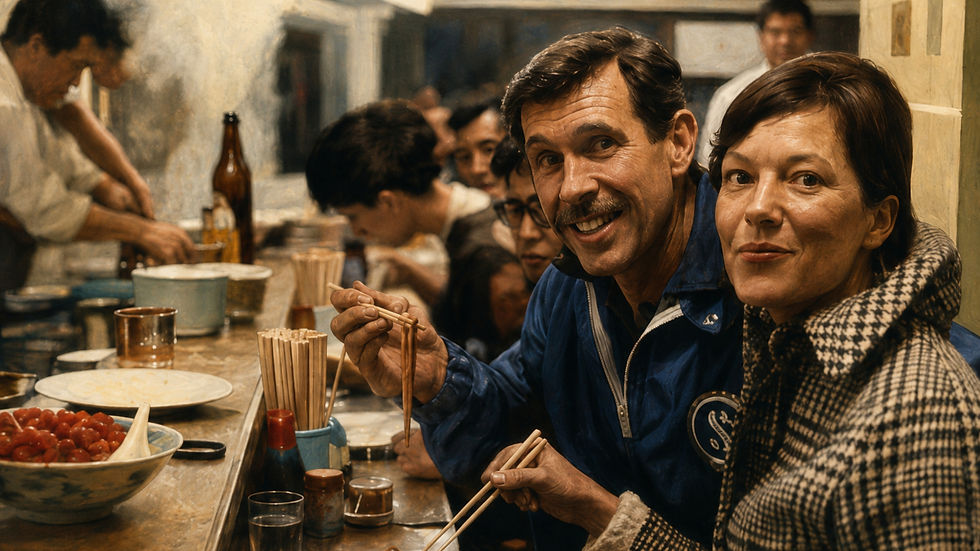 Smiling couple with chopsticks at a crowded restaurant table, with bowls, cups, and other diners in the warm background.
