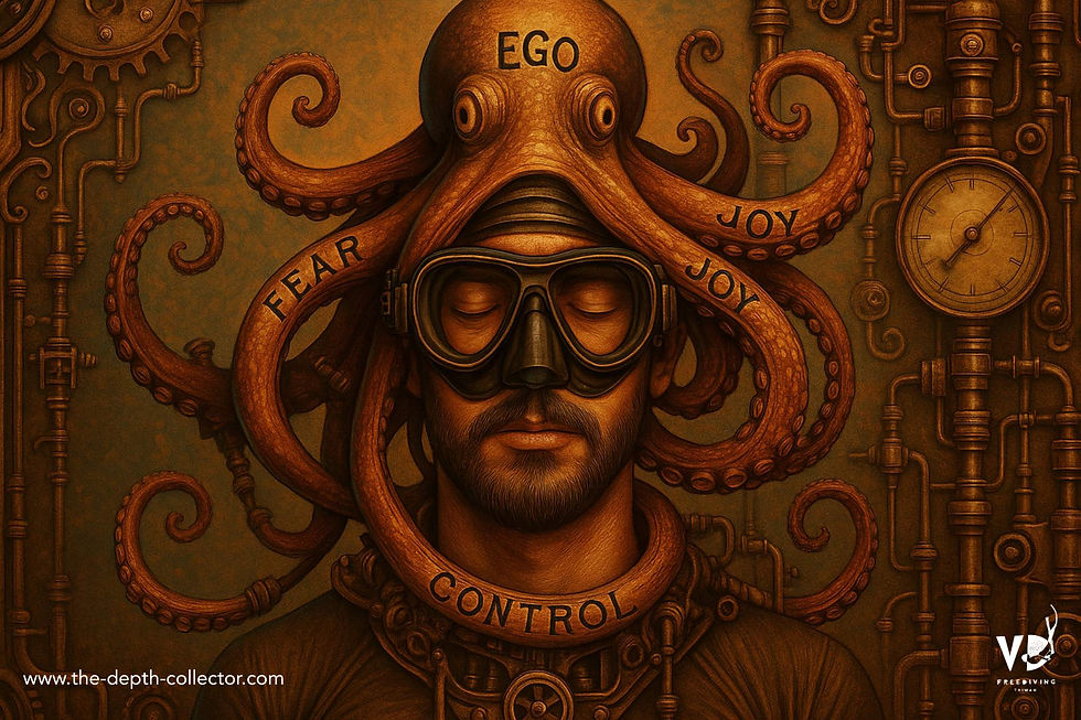 An octopus labeled "Ego," "Fear," "Joy," and "Control" crowns a man with goggles, eyes closed, against brown mechanical gears.