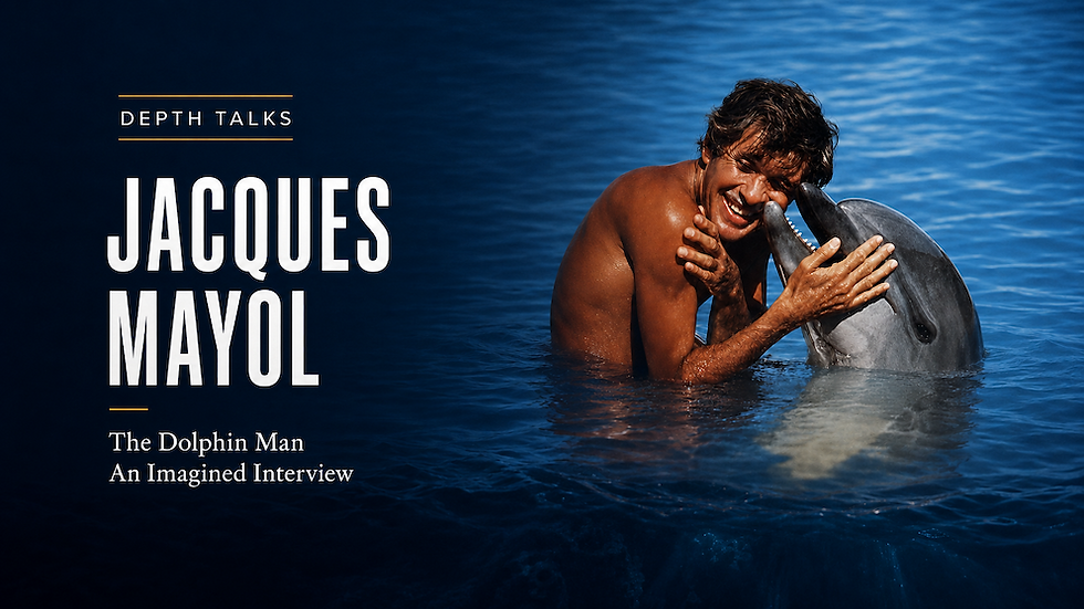 Jacques Mayol smiles in blue water, embracing a dolphin; poster reads Depth Talks, The Dolphin Man, An Imagined Interview.