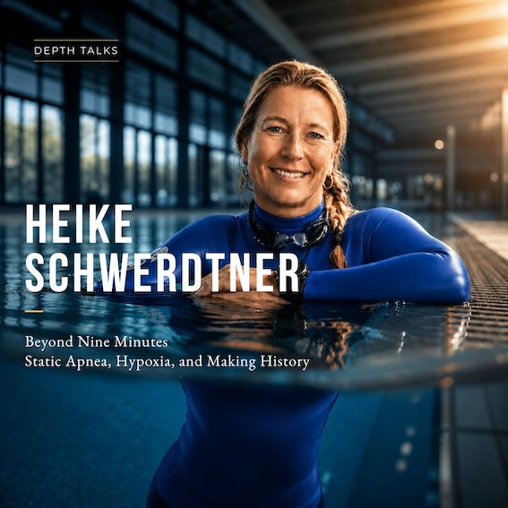 Smiling woman in a blue wetsuit rests in an indoor pool beside DEPTH TALKS text, with HEIKE SCHWERDTNER and episode title.