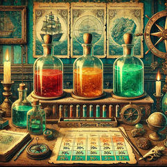 Vintage-style illustration of a freediving laboratory with colorful flasks representing CO₂ training zones—red, orange, and green—surrounded by old maps, nautical tools, and a detailed chart outlining intensity levels for breath-hold training.
