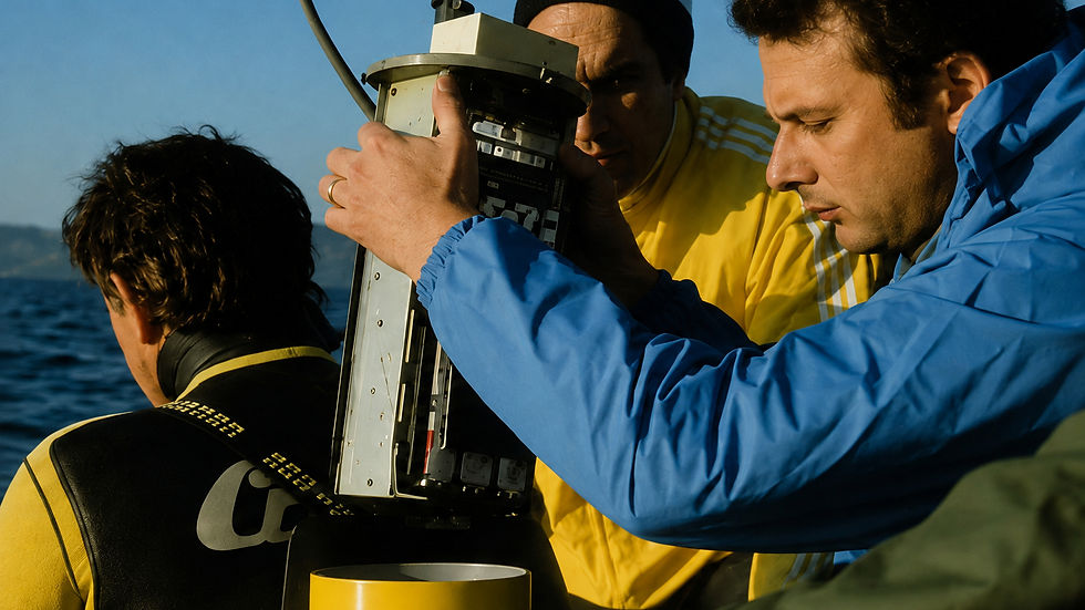 Three divers inspect an underwater camera on a boat at sea, focused and serious under bright sunlight.