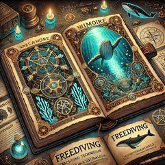 Whimsical illustration of an ancient grimoire opened to reveal underwater-themed pages filled with whales, coral, and mystical symbols—blending freediving knowledge with magical exploration in a fantasy-inspired book of oceanic wisdom