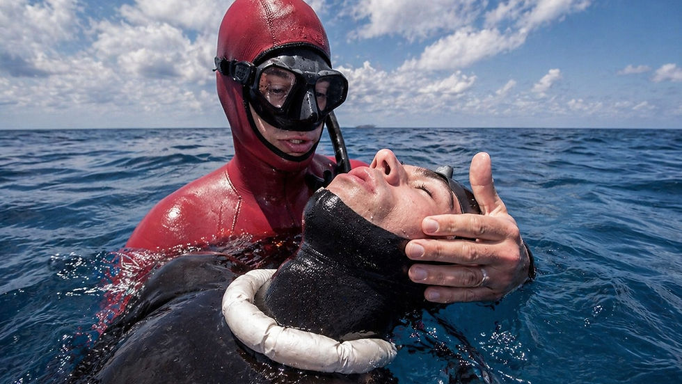 Freediving safety diver in a red wetsuit rescuing an unconscious freediver in a black wetsuit at the ocean surface, supporting the diver’s head above the water with a white neck weight visible around the neck.