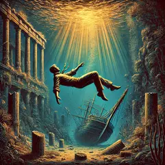 A vintage-style underwater illustration of a man sinking into the depths, surrounded by ancient ruins and a shipwreck. The scene evokes the weightlessness and surrender of deep freediving, where the ocean's silence and history merge, reminding us of the balance between control and letting go beneath the surface.