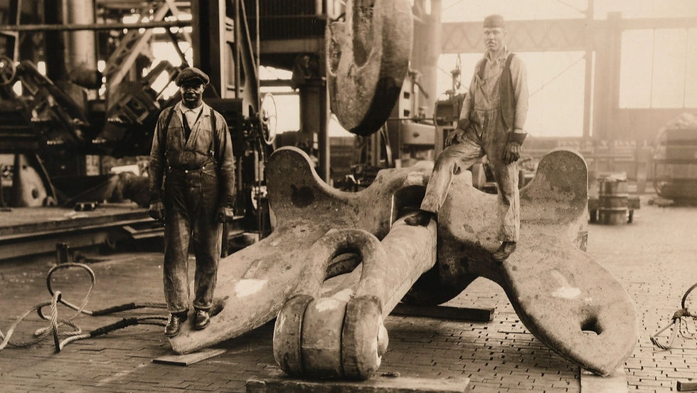Two dockworkers stand on a massive ship anchor in an industrial workshop, sepia-toned with cranes and metal machinery.
