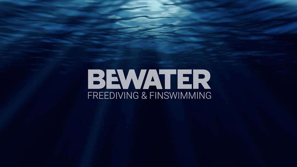 Underwater blue scene with BEWATER and FREEDIVING & FINSWIMMING text, evoking a calm ocean mood