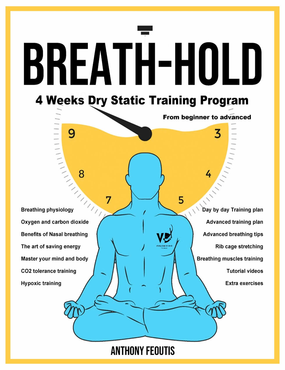 A blue figure sits cross-legged before a large clock. Text includes "BREATH-HOLD" and training program details. Yellow accent color.