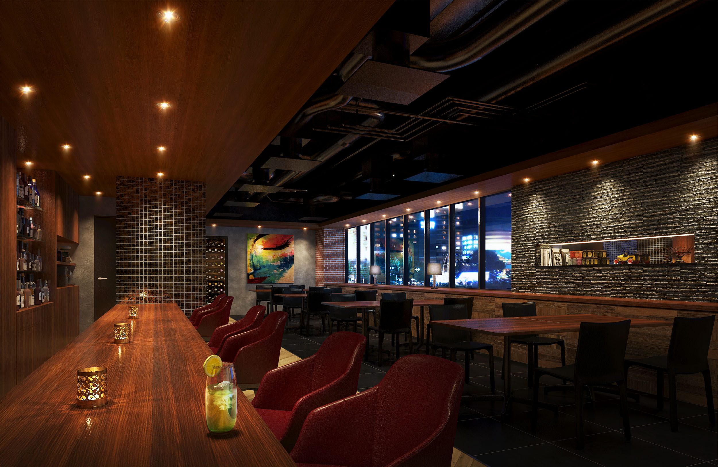 黒のスケルトン天井と木目カウンターが映えるBAR(店舗)のCGパース。