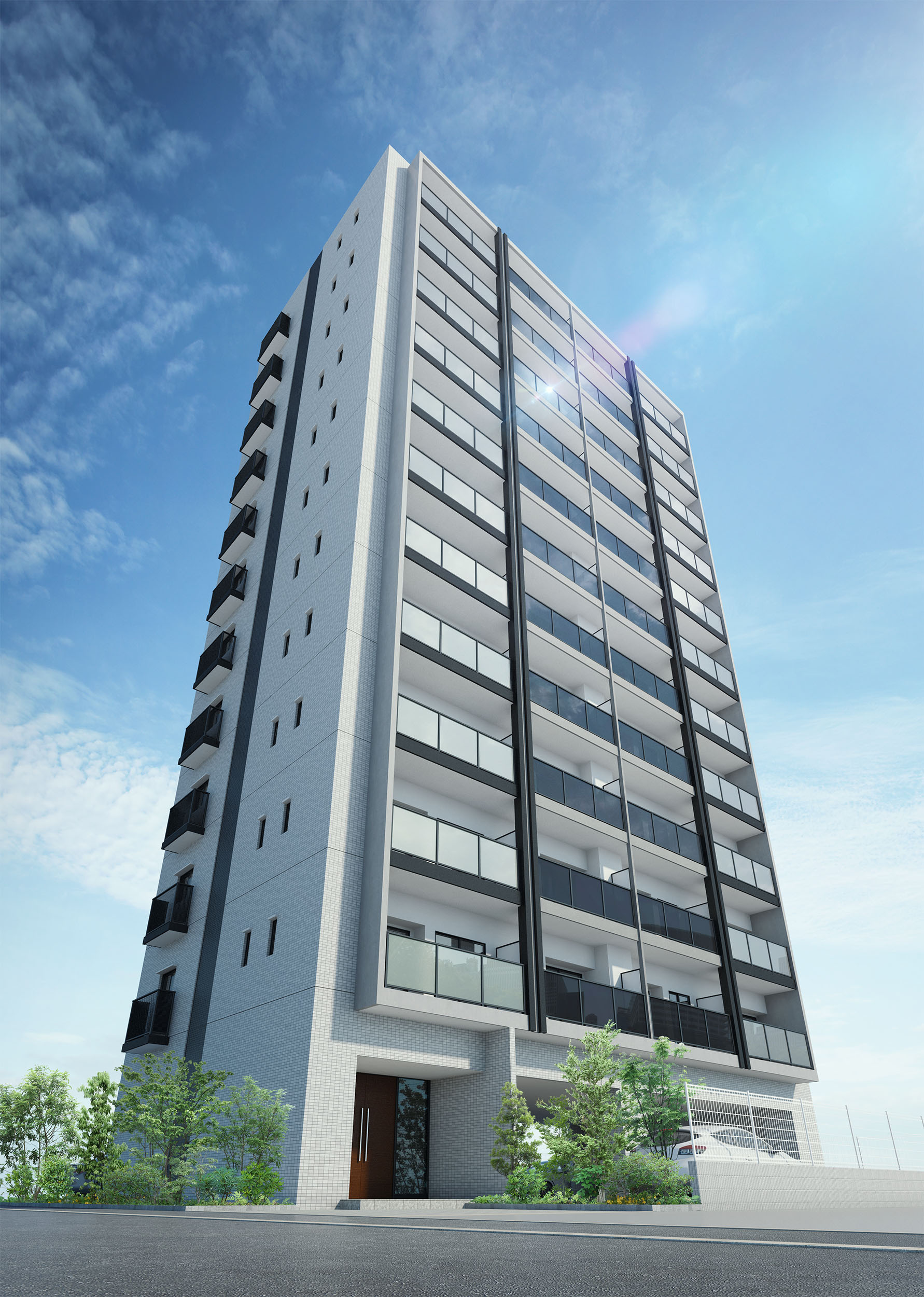 白い高層デザイナーズマンションの外観CGパース。見上げ構図とガラス手摺が映える、高品質な建築ビジュアル。