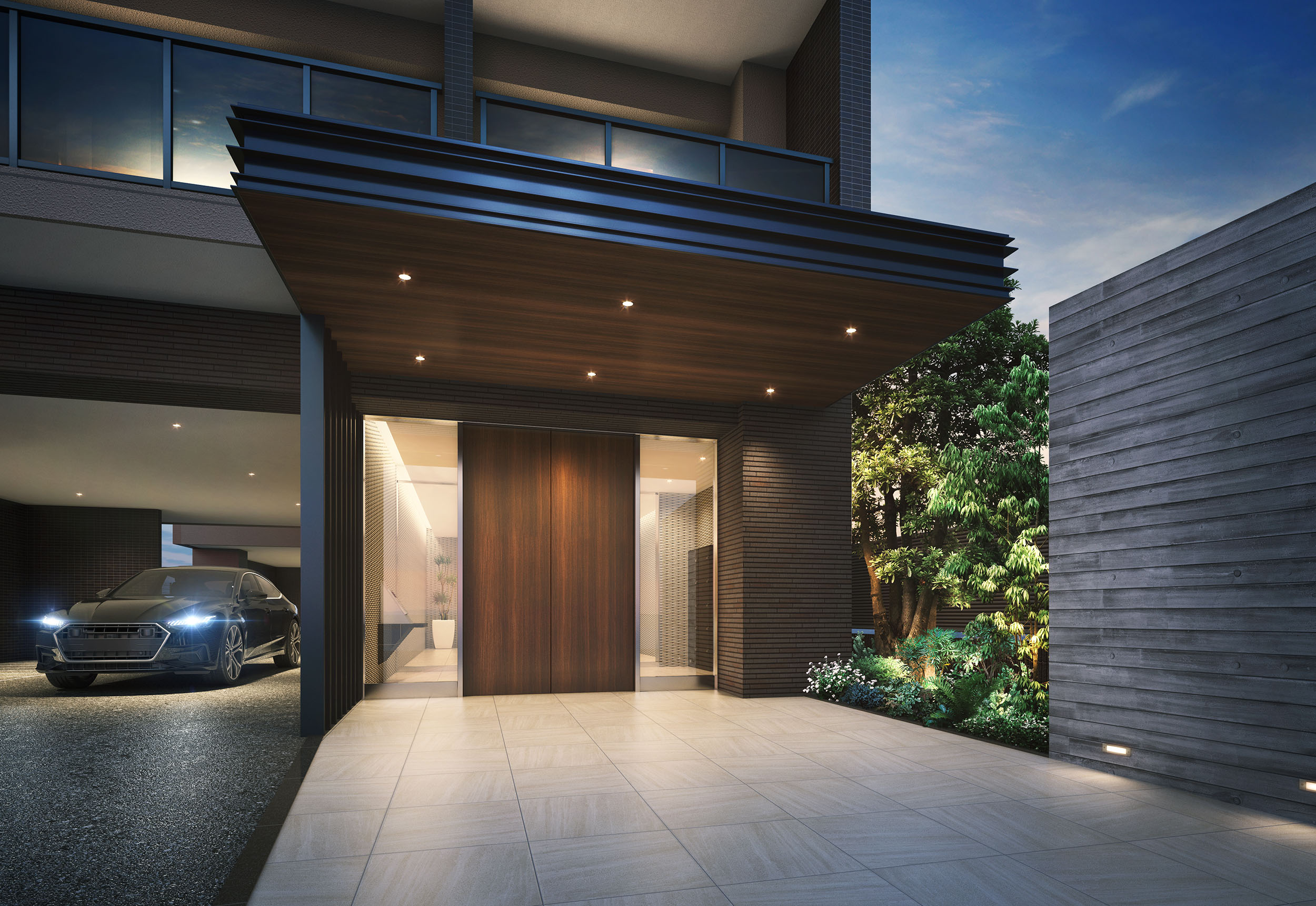 高級マンションアプローチの夜景CGパース(重厚な庇デザイン)